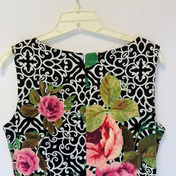 Joseph Ribkoff Black & White Scroll Floral Print Sleeveless Sheath Dress Size 8 - Picture 6 of 10